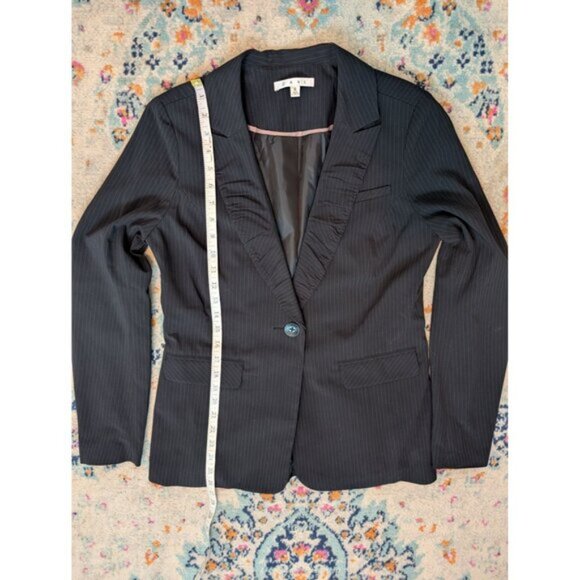 Cabi Pinstripe Ruched Collar Fitted Blazer - Black and Tan - Style 601 - 6 - Picture 8 of 11
